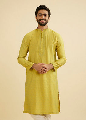 Manyavar Men Mehndi Green Bel Buti Patterned Kurta Set
