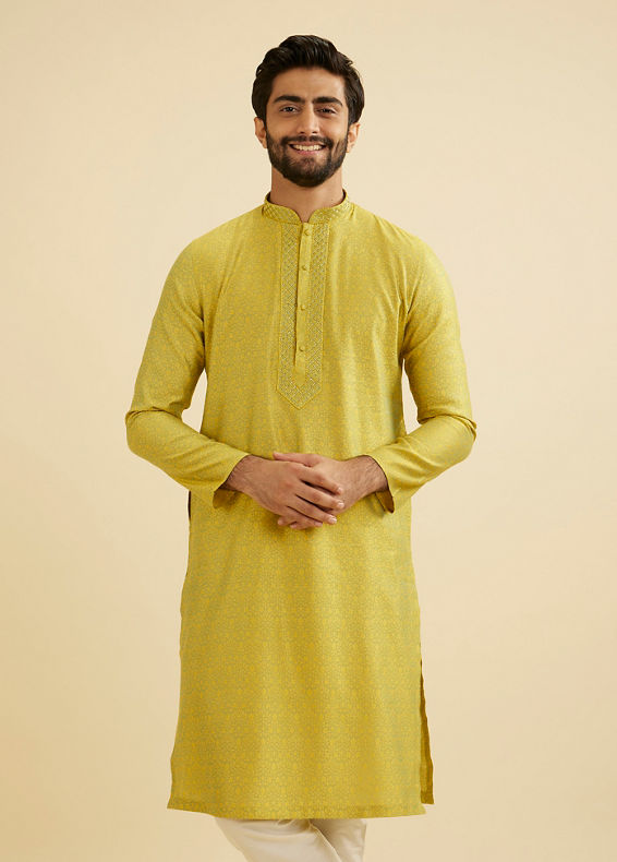 Manyavar Men Mehndi Green Bel Buti Patterned Kurta Set