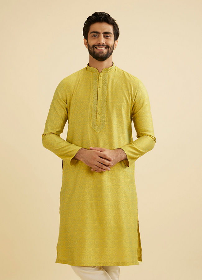 Manyavar Men Mehndi Green Bel Buti Patterned Kurta Set image number 0