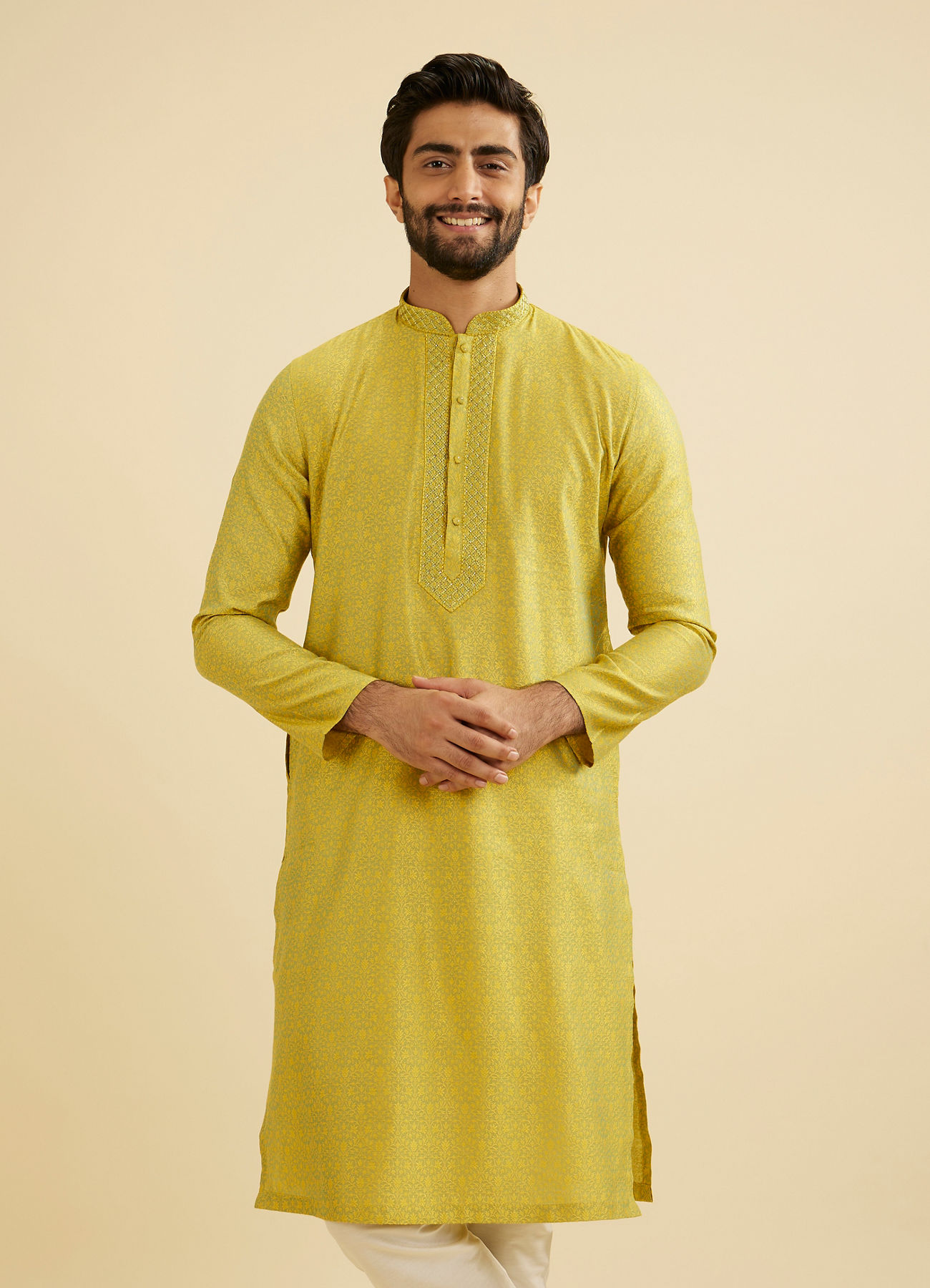 Manyavar Men Mehndi Green Bel Buti Patterned Kurta Set