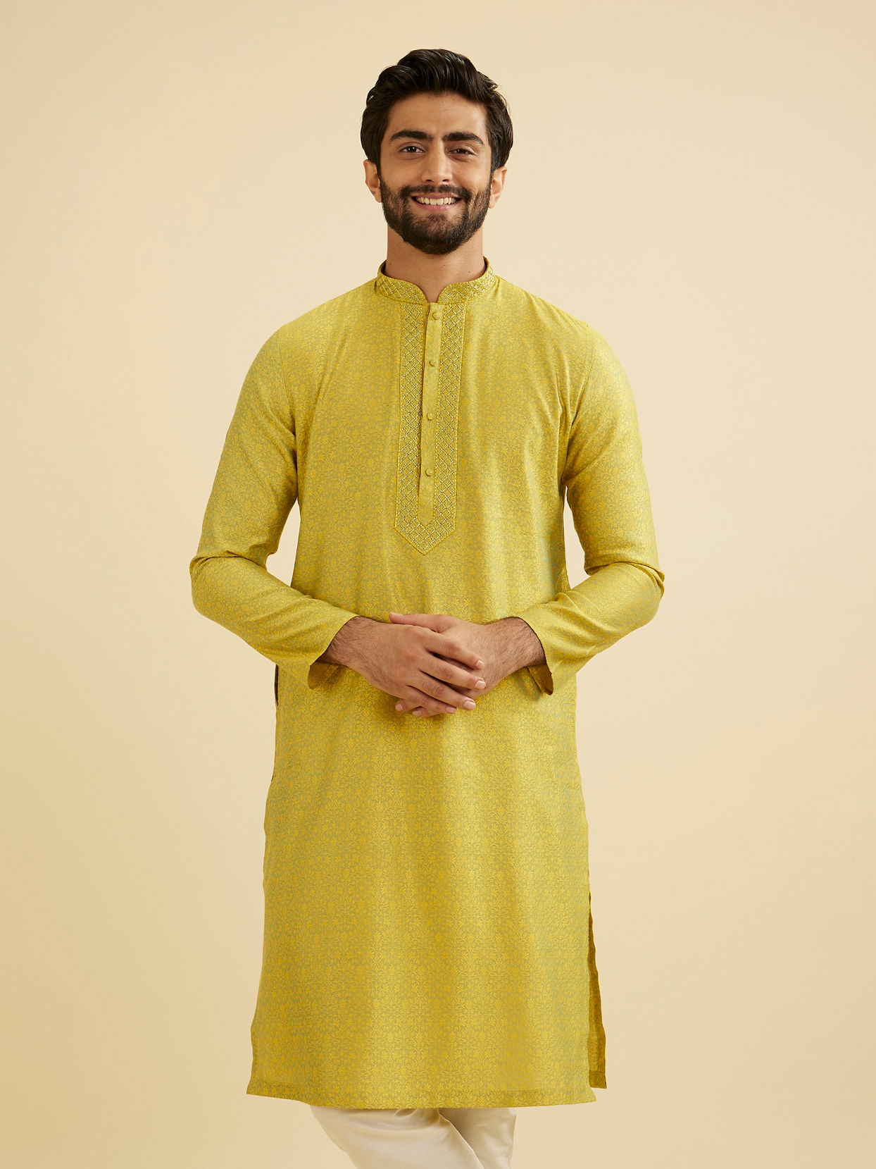 Manyavar Men Mehndi Green Bel Buti Patterned Kurta Set image number 0