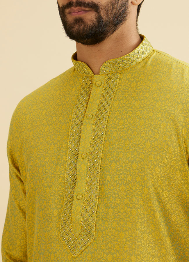 Manyavar Men Mehndi Green Bel Buti Patterned Kurta Set image number 1