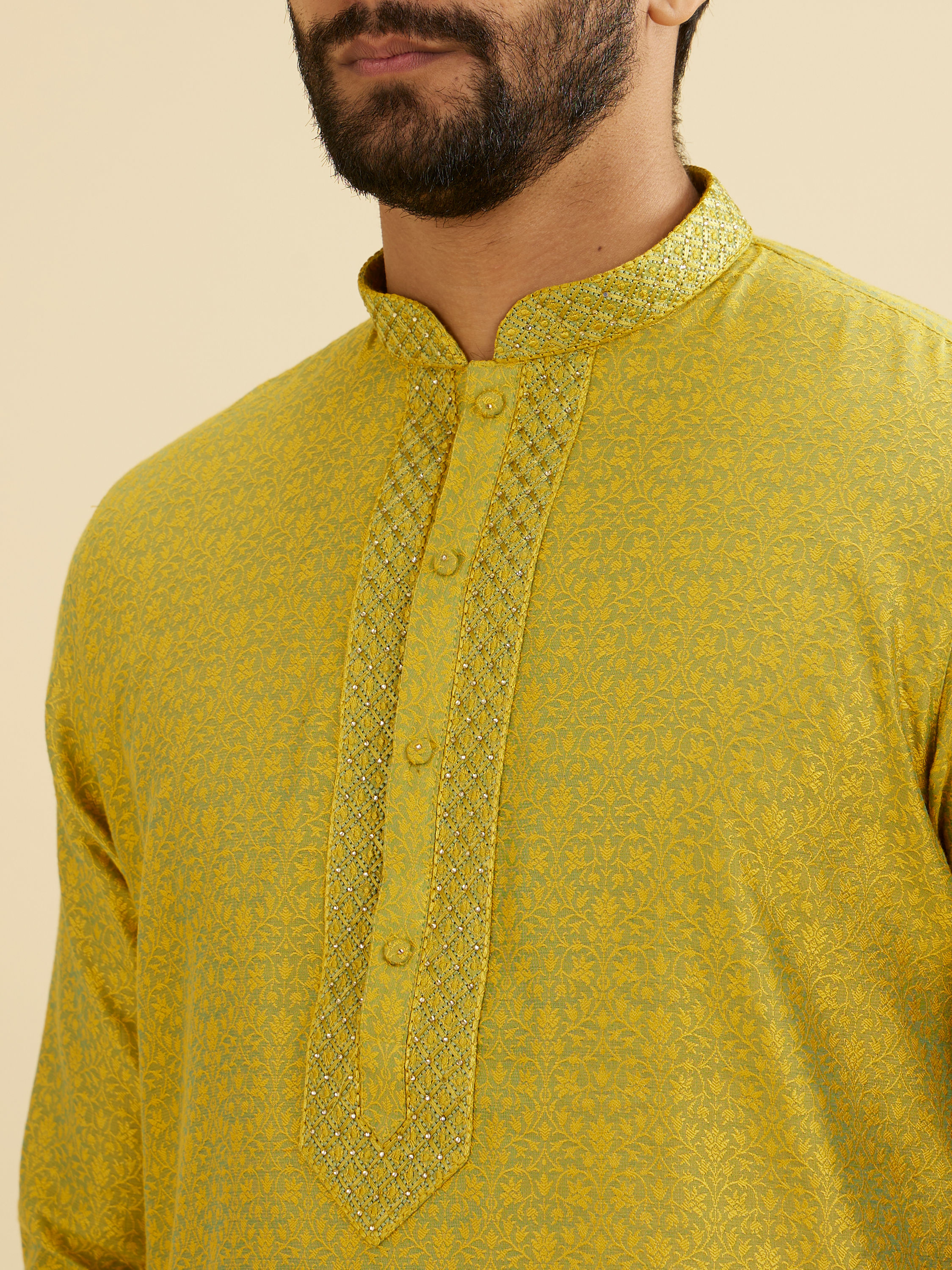 Manyavar Men Mehndi Green Bel Buti Patterned Kurta Set