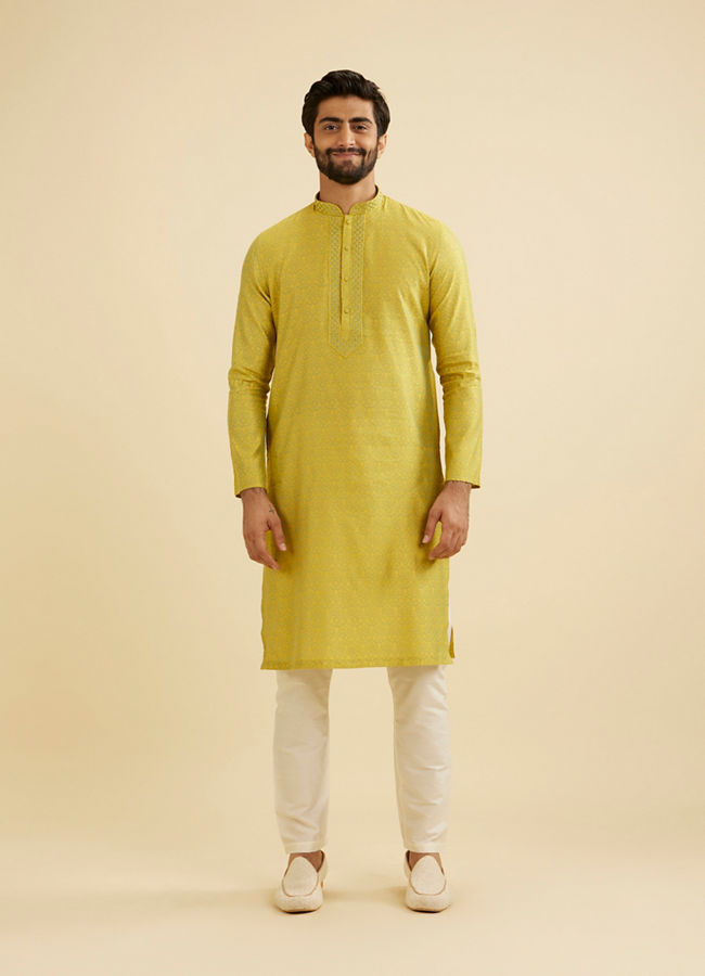 Manyavar Men Mehndi Green Bel Buti Patterned Kurta Set