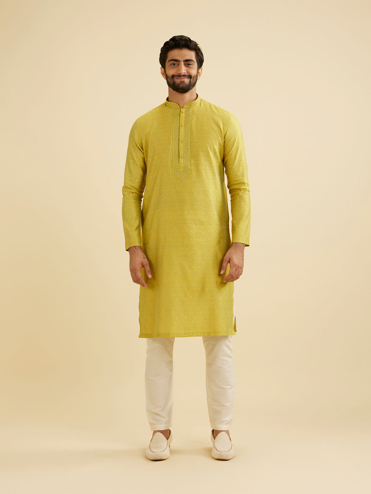 Manyavar Men Mehndi Green Bel Buti Patterned Kurta Set