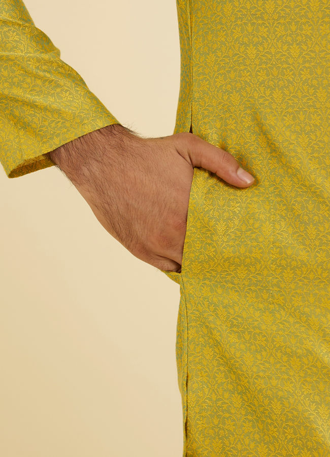 Manyavar Men Mehndi Green Bel Buti Patterned Kurta Set