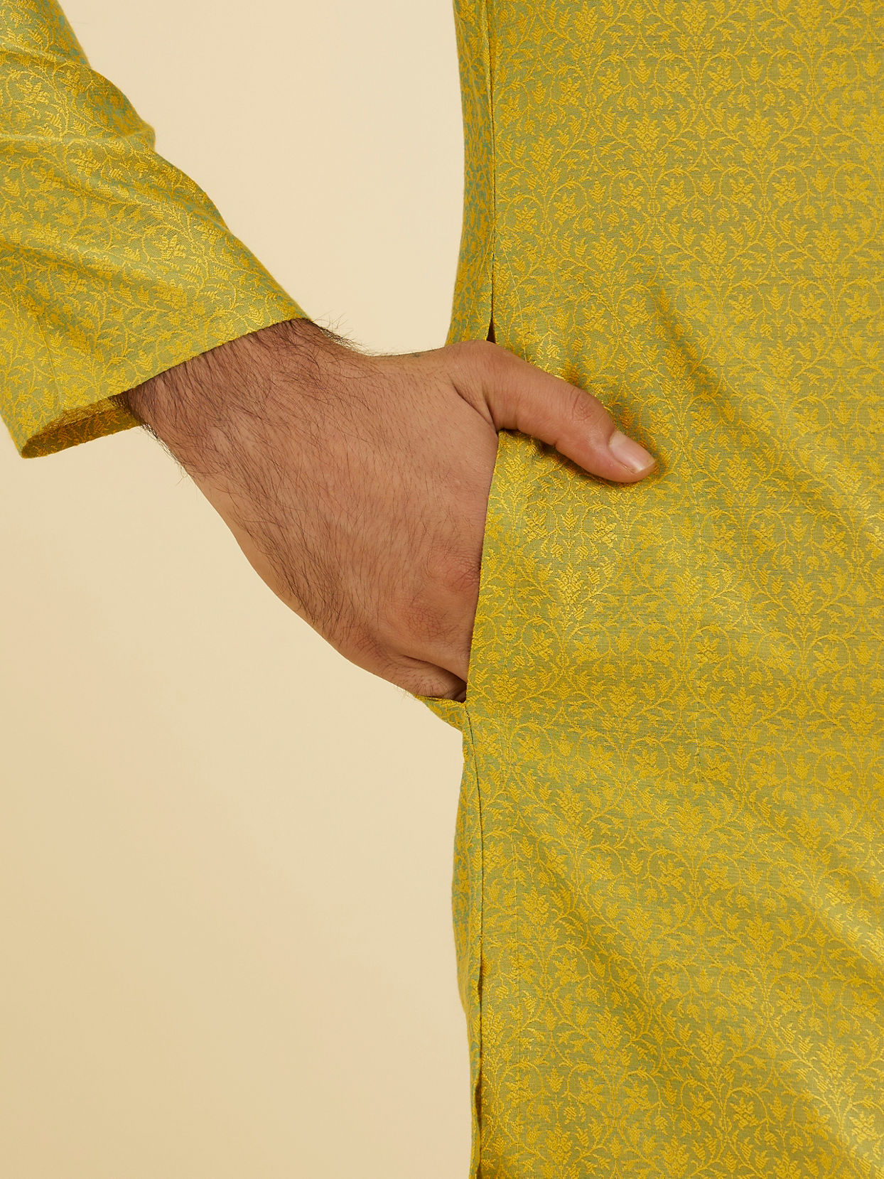 Manyavar Men Mehndi Green Bel Buti Patterned Kurta Set