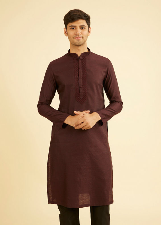 Manyavar Men Wine Red Bel Buti Patterned Kurta Set