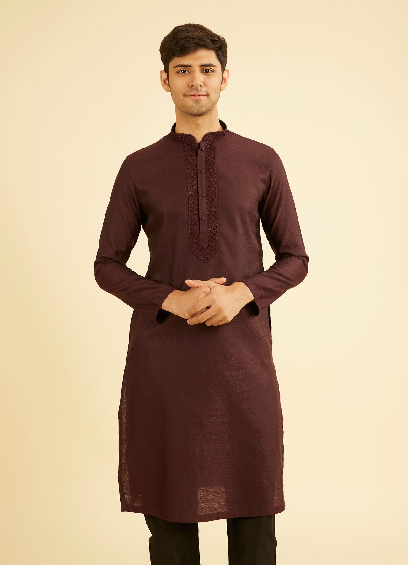 Manyavar Men Wine Red Bel Buti Patterned Kurta Set