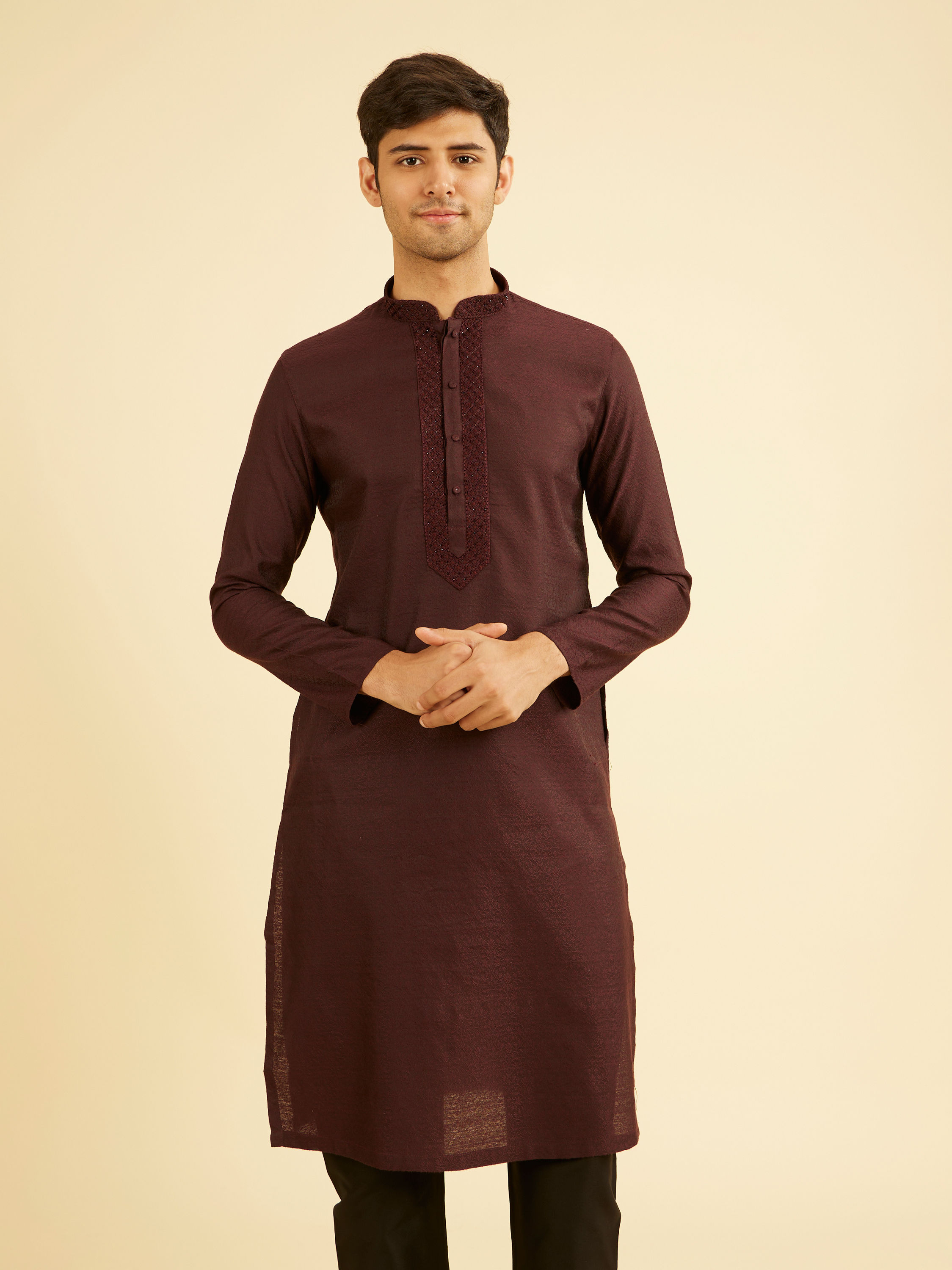 Manyavar Men Wine Red Bel Buti Patterned Kurta Set