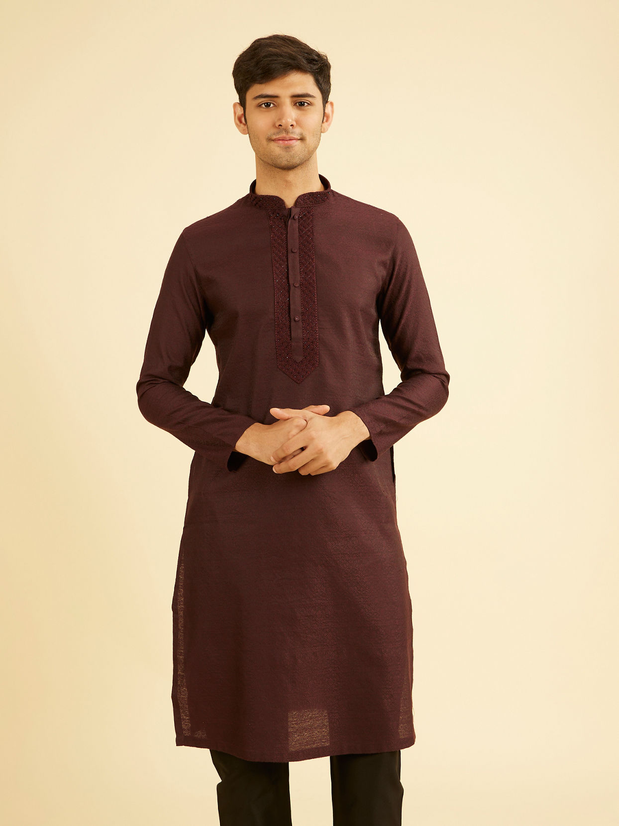 Manyavar Men Wine Red Bel Buti Patterned Kurta Set