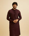 Manyavar Men Wine Red Bel Buti Patterned Kurta Set image number 0