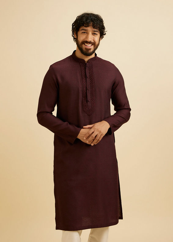 Manyavar Men Wine Red Bel Buti Patterned Kurta Set