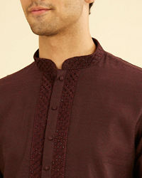 Manyavar Men Wine Red Bel Buti Patterned Kurta Set