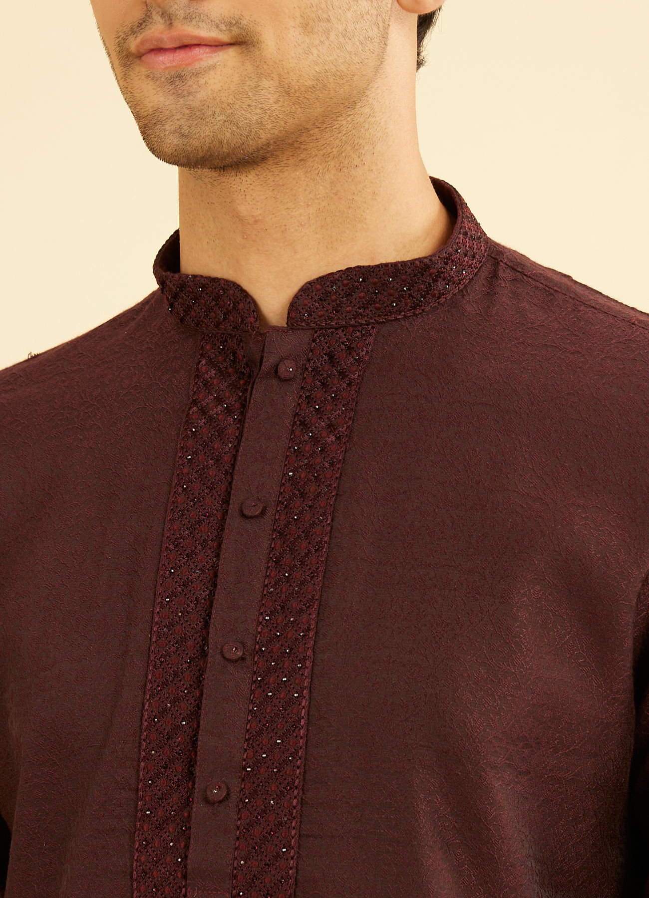 Manyavar Men Wine Red Bel Buti Patterned Kurta Set