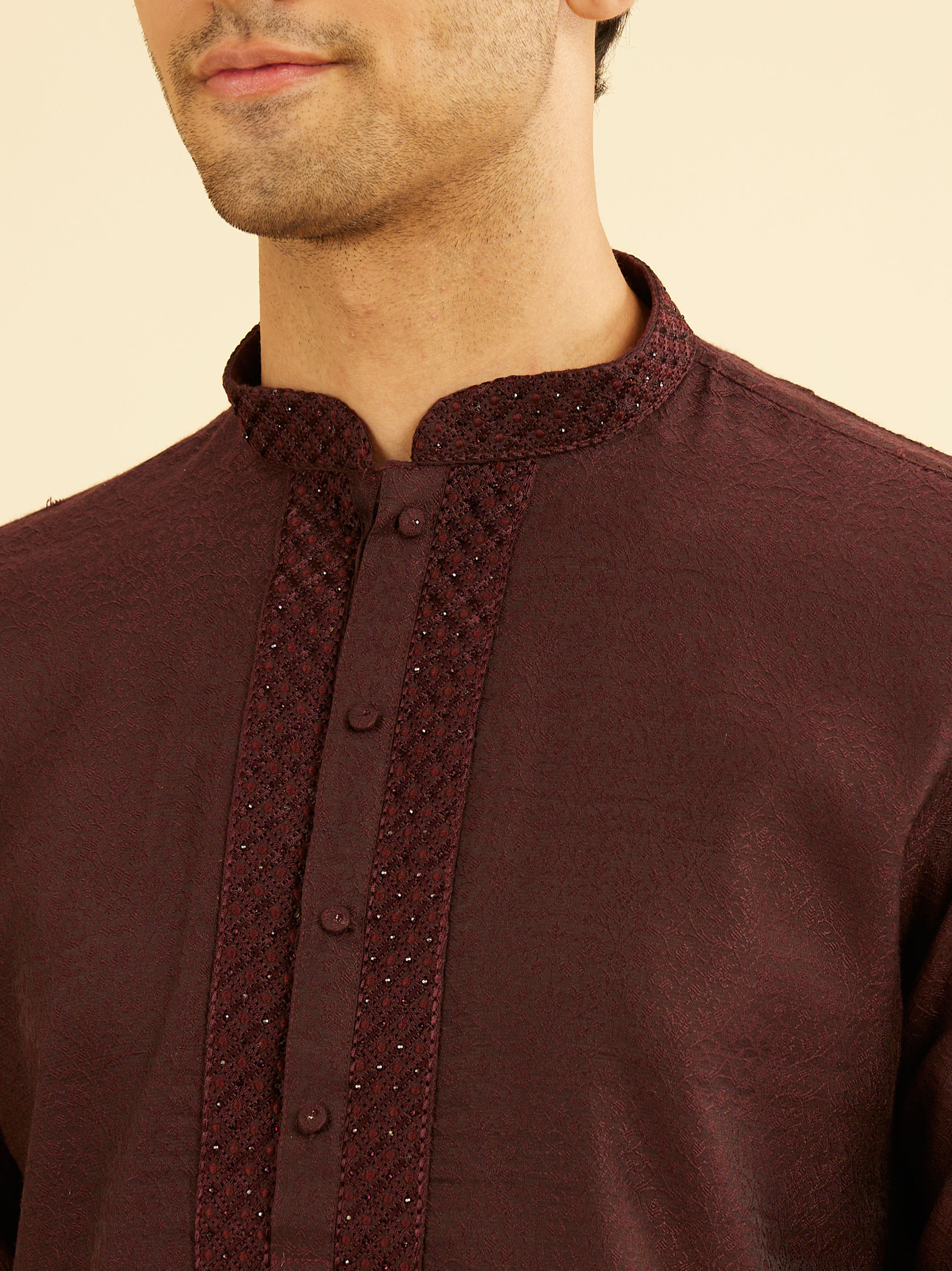 Manyavar Men Wine Red Bel Buti Patterned Kurta Set