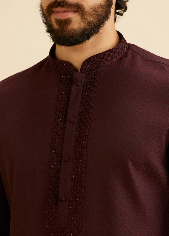 Manyavar Men Wine Red Bel Buti Patterned Kurta Set