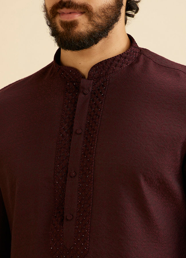 Manyavar Men Wine Red Bel Buti Patterned Kurta Set image number 1