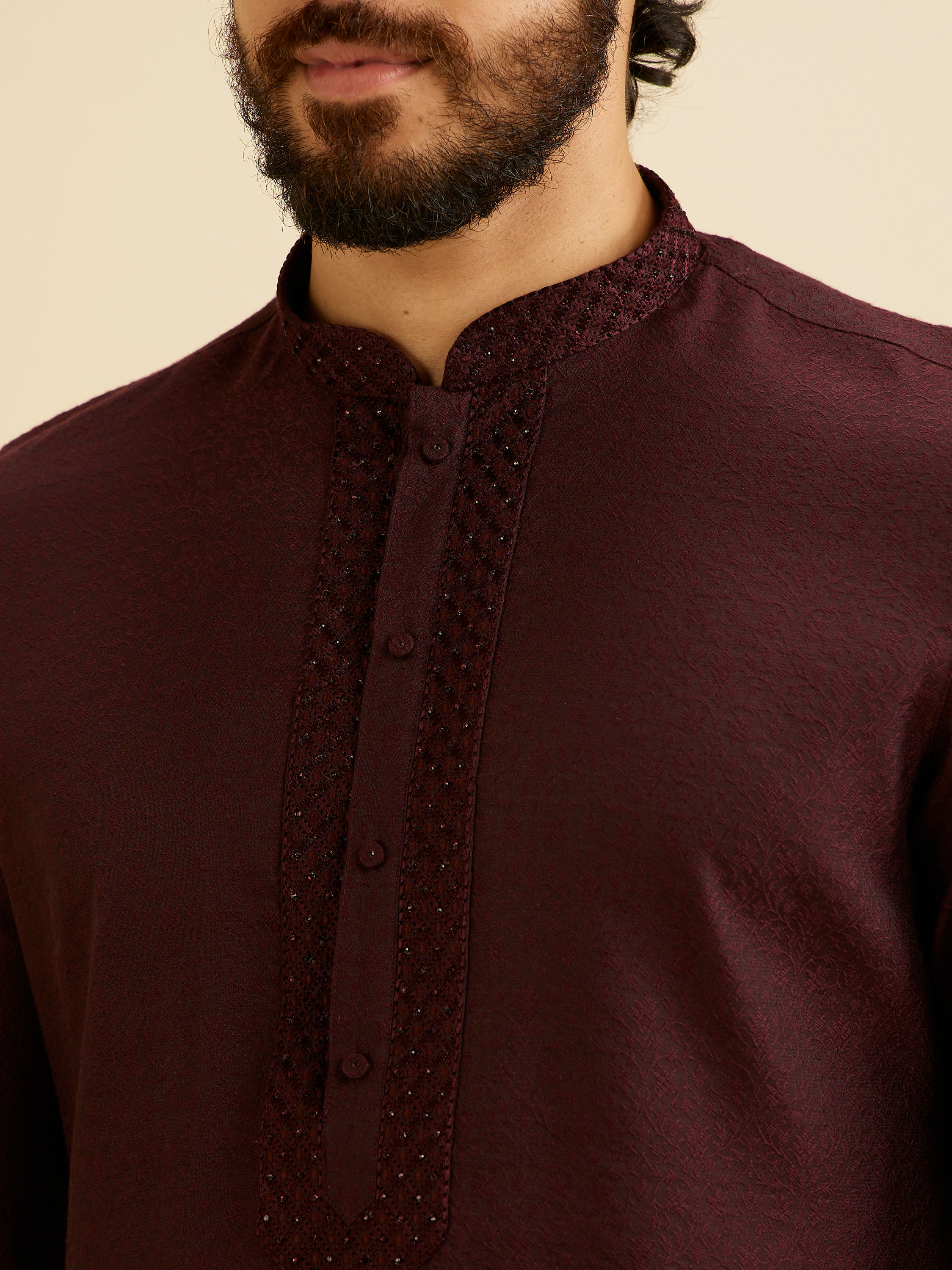 Manyavar Men Wine Red Bel Buti Patterned Kurta Set