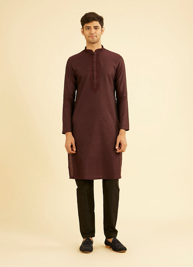 Manyavar Men Wine Red Bel Buti Patterned Kurta Set