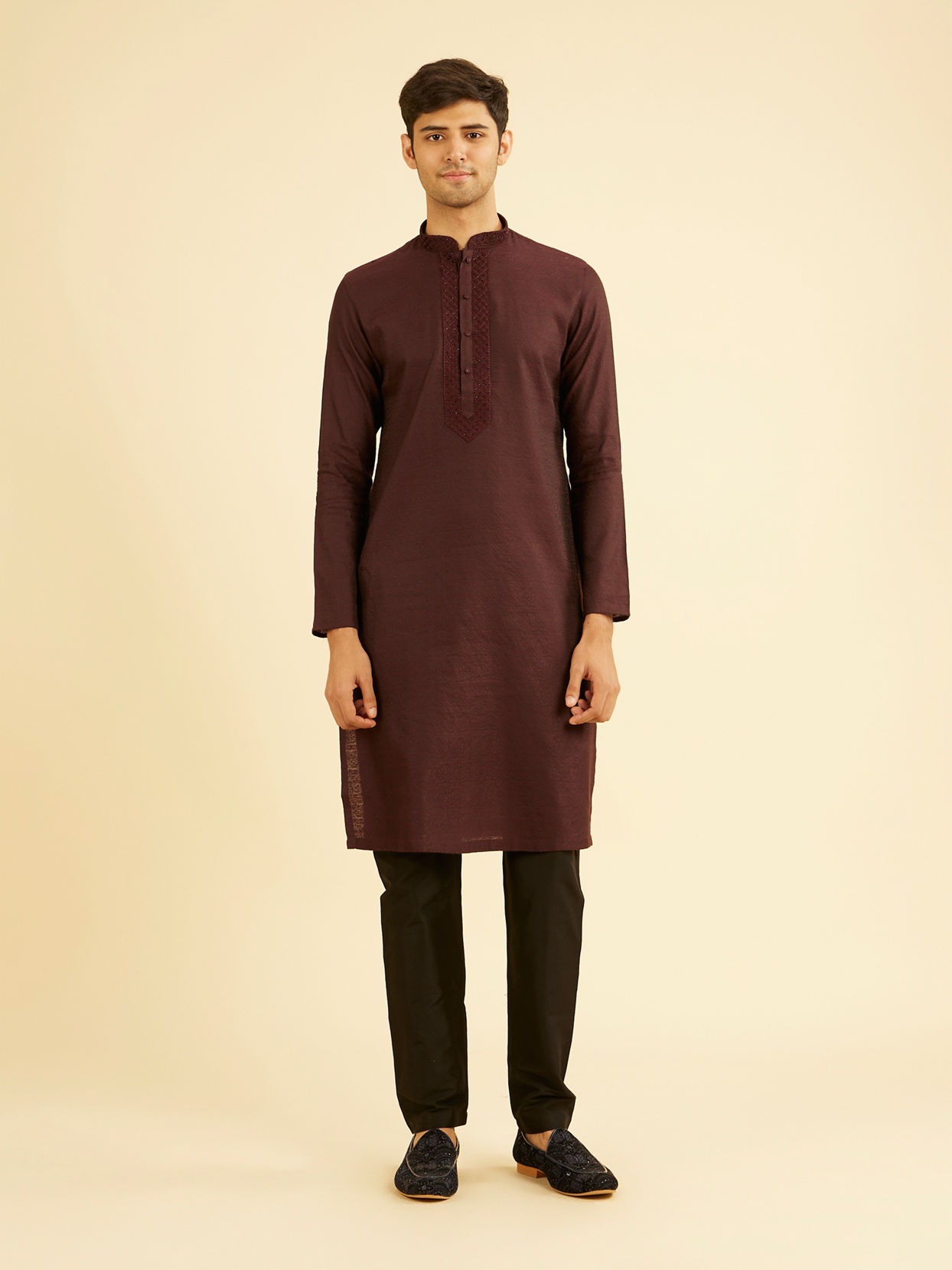 Manyavar Men Wine Red Bel Buti Patterned Kurta Set