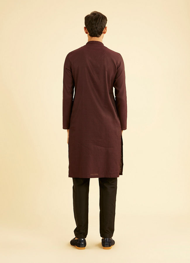 Manyavar Men Wine Red Bel Buti Patterned Kurta Set