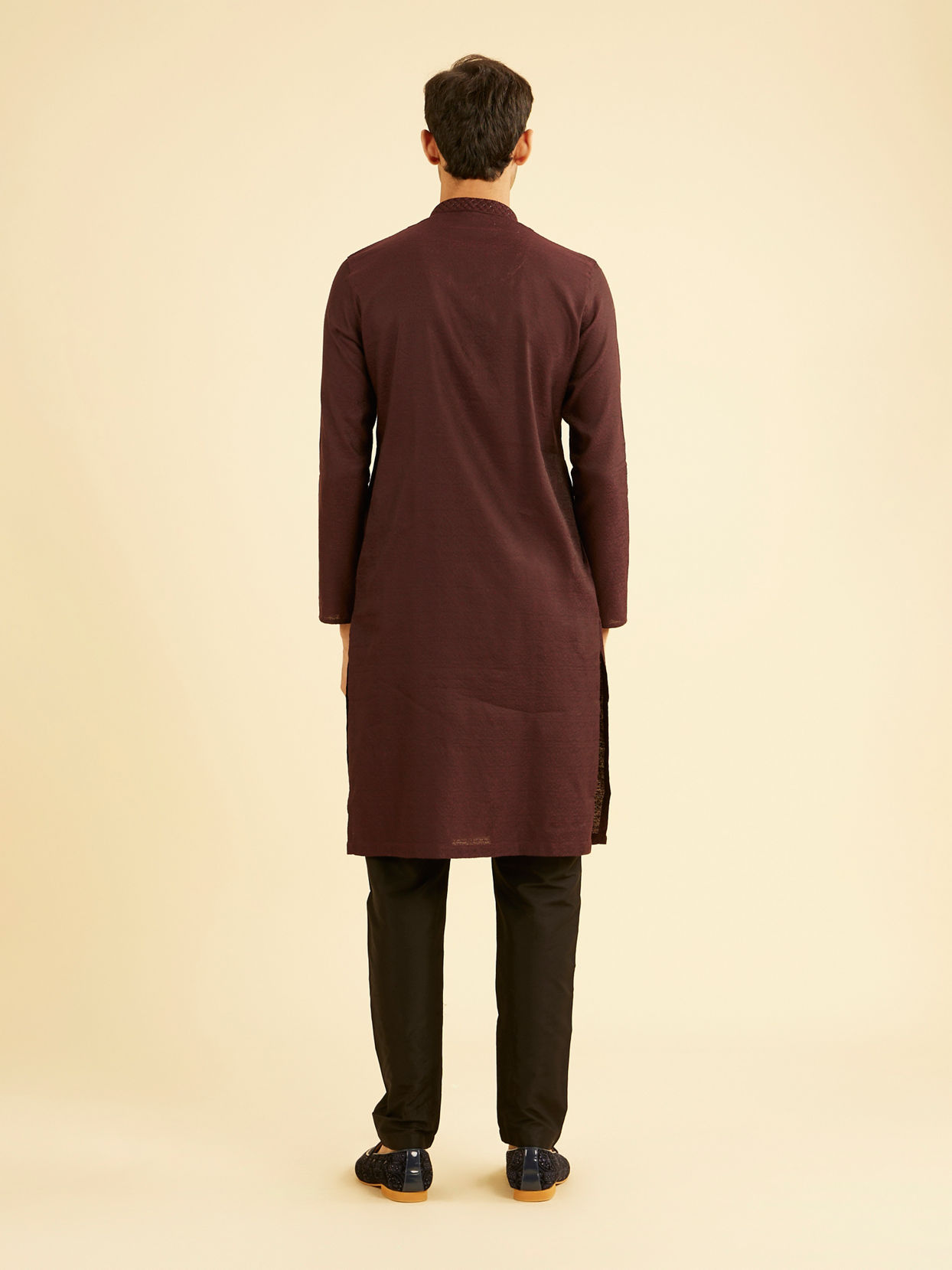 Manyavar Men Wine Red Bel Buti Patterned Kurta Set