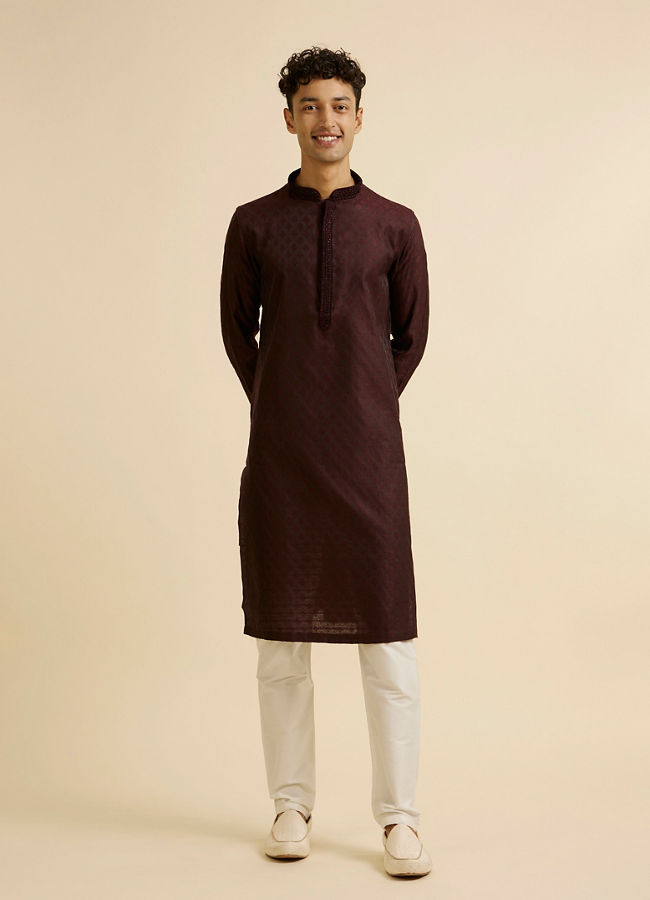 Manyavar Men Wine Buta Jaal Patterned Kurta Set