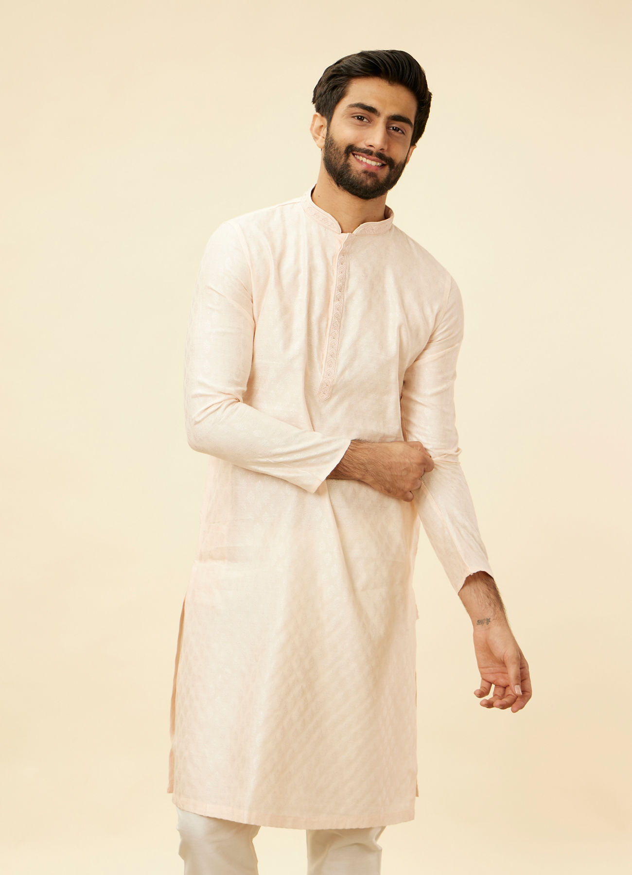 Manyavar Men Peach Pink Buta Patterned Kurta Set