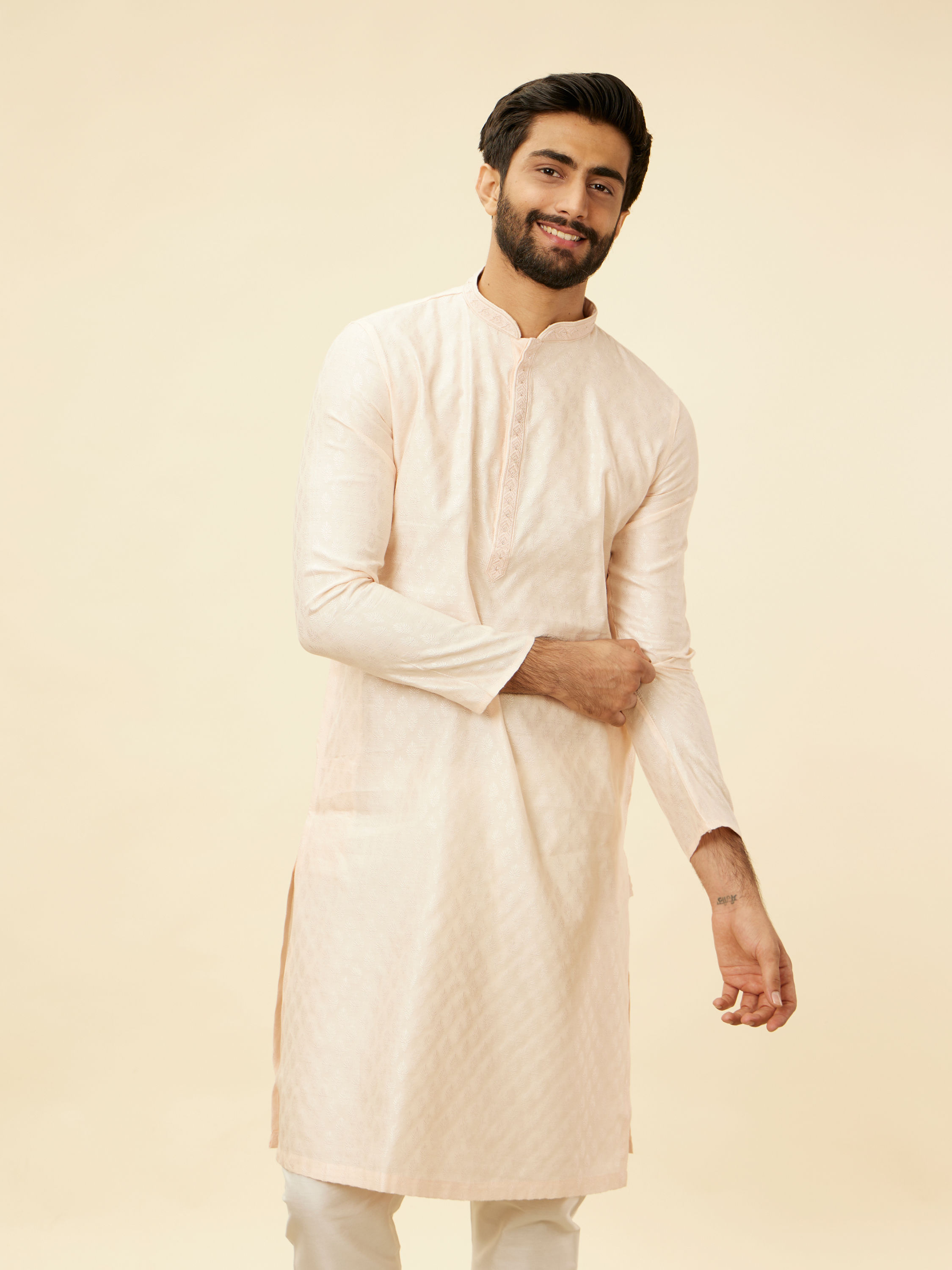 Manyavar Men Peach Pink Buta Patterned Kurta Set