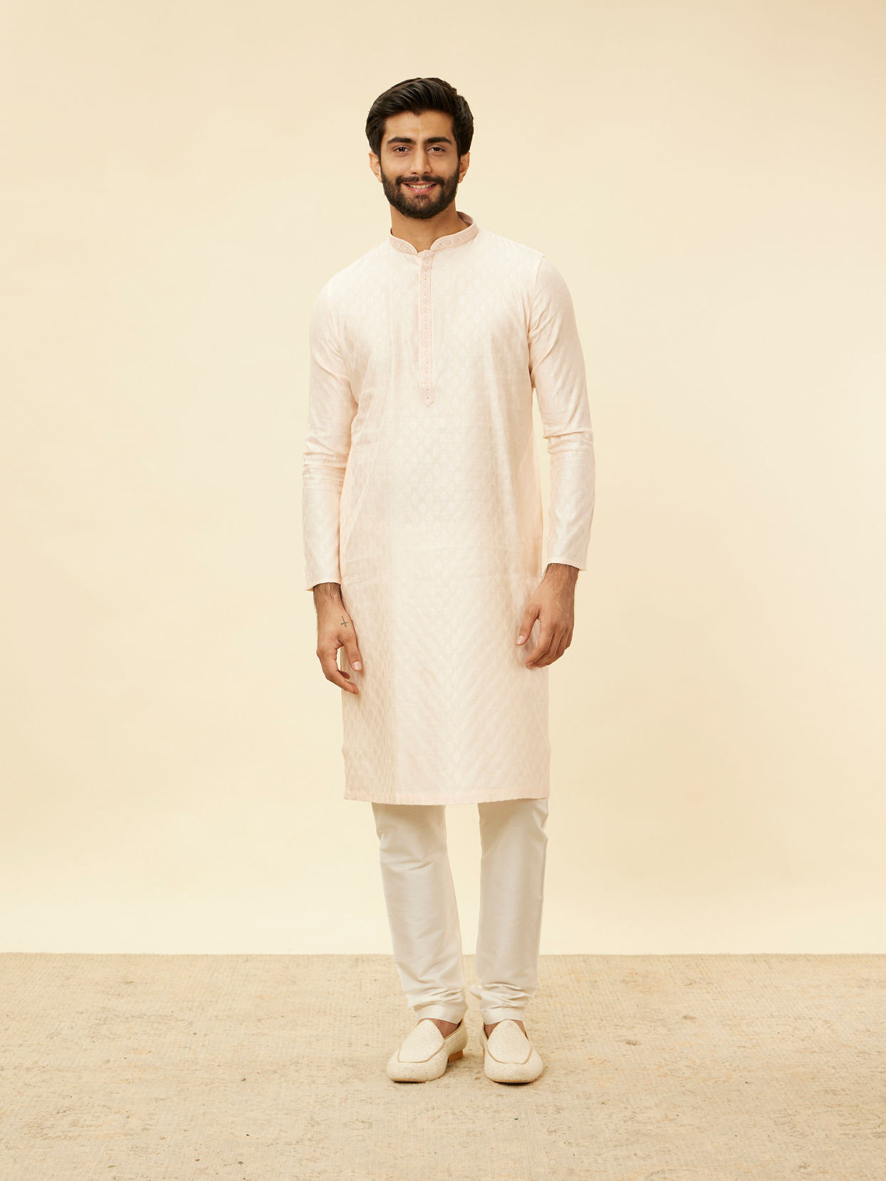 Manyavar Men Peach Pink Buta Patterned Kurta Set