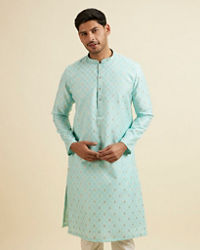 Manyavar Men Green Cotton Foil Print Embroidered Kurta Set