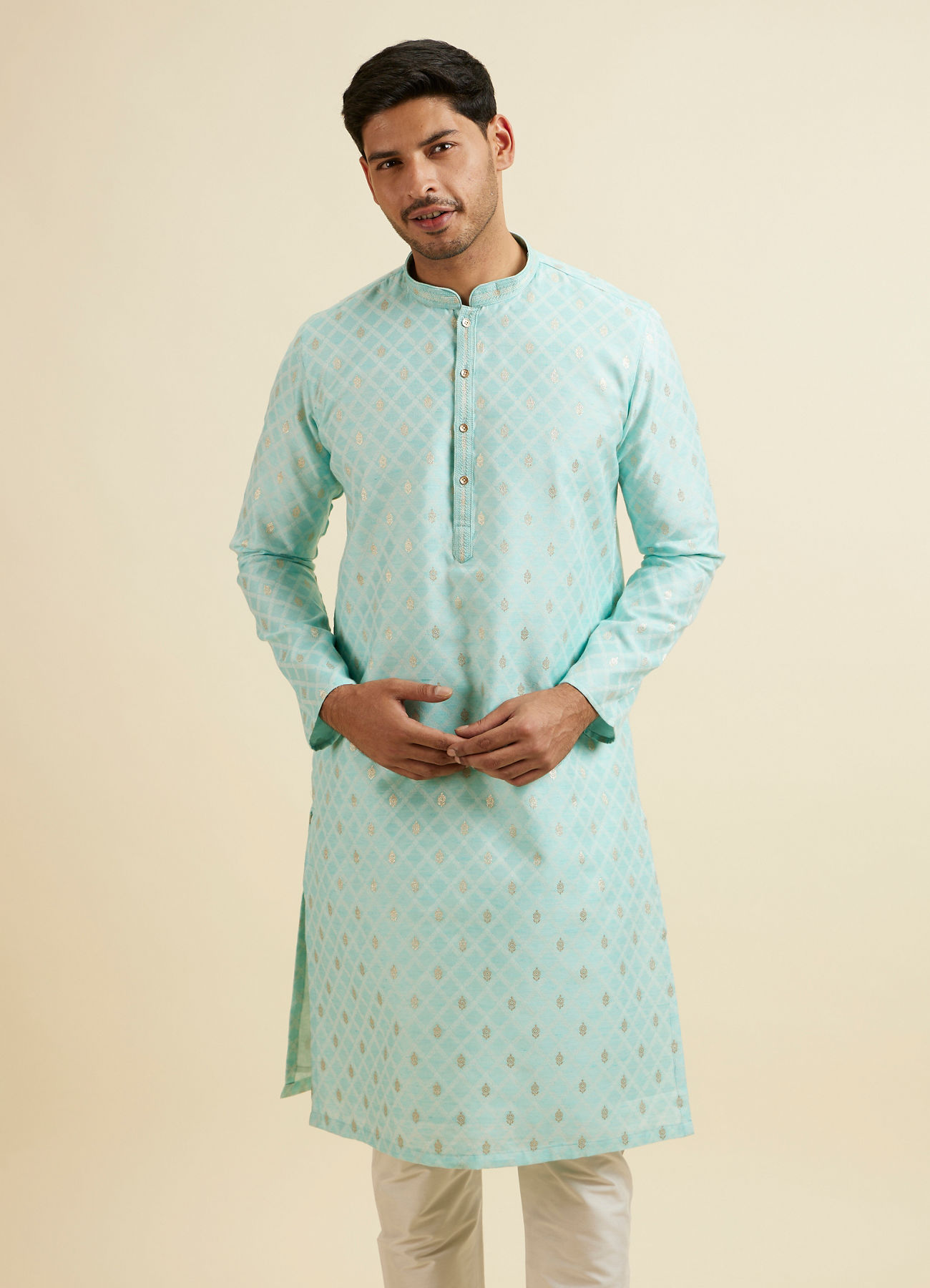 Manyavar Men Green Cotton Foil Print Embroidered Kurta Set