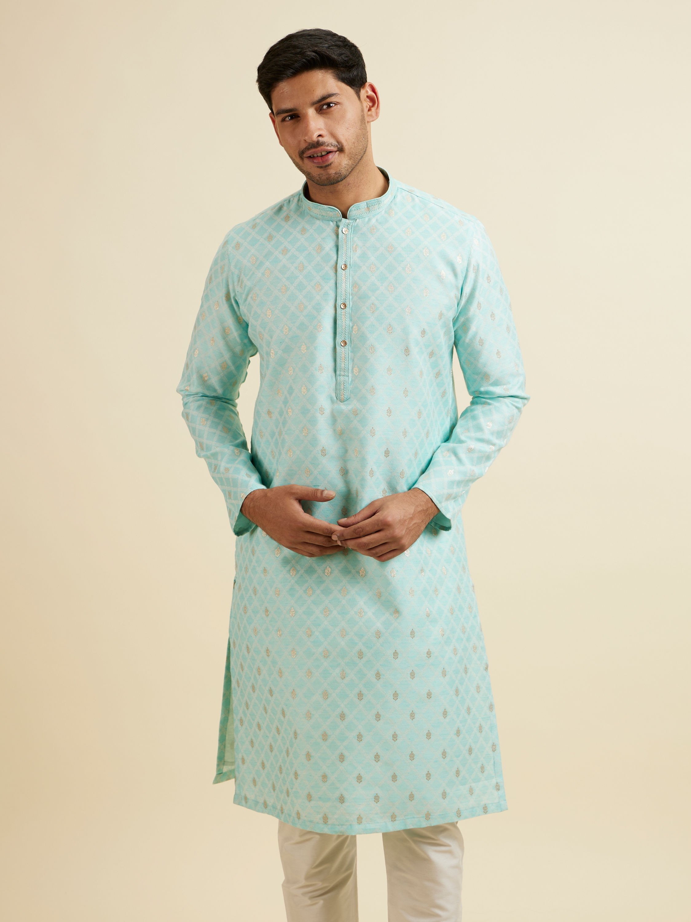 Manyavar Men Green Cotton Foil Print Embroidered Kurta Set