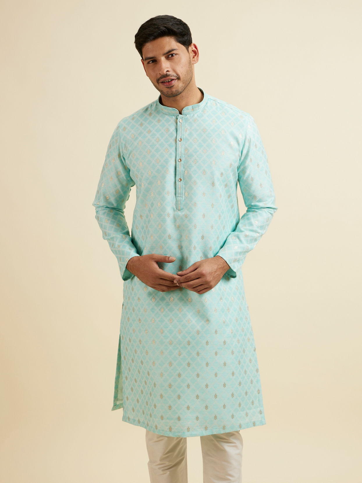 Manyavar Men Green Cotton Foil Print Embroidered Kurta Set