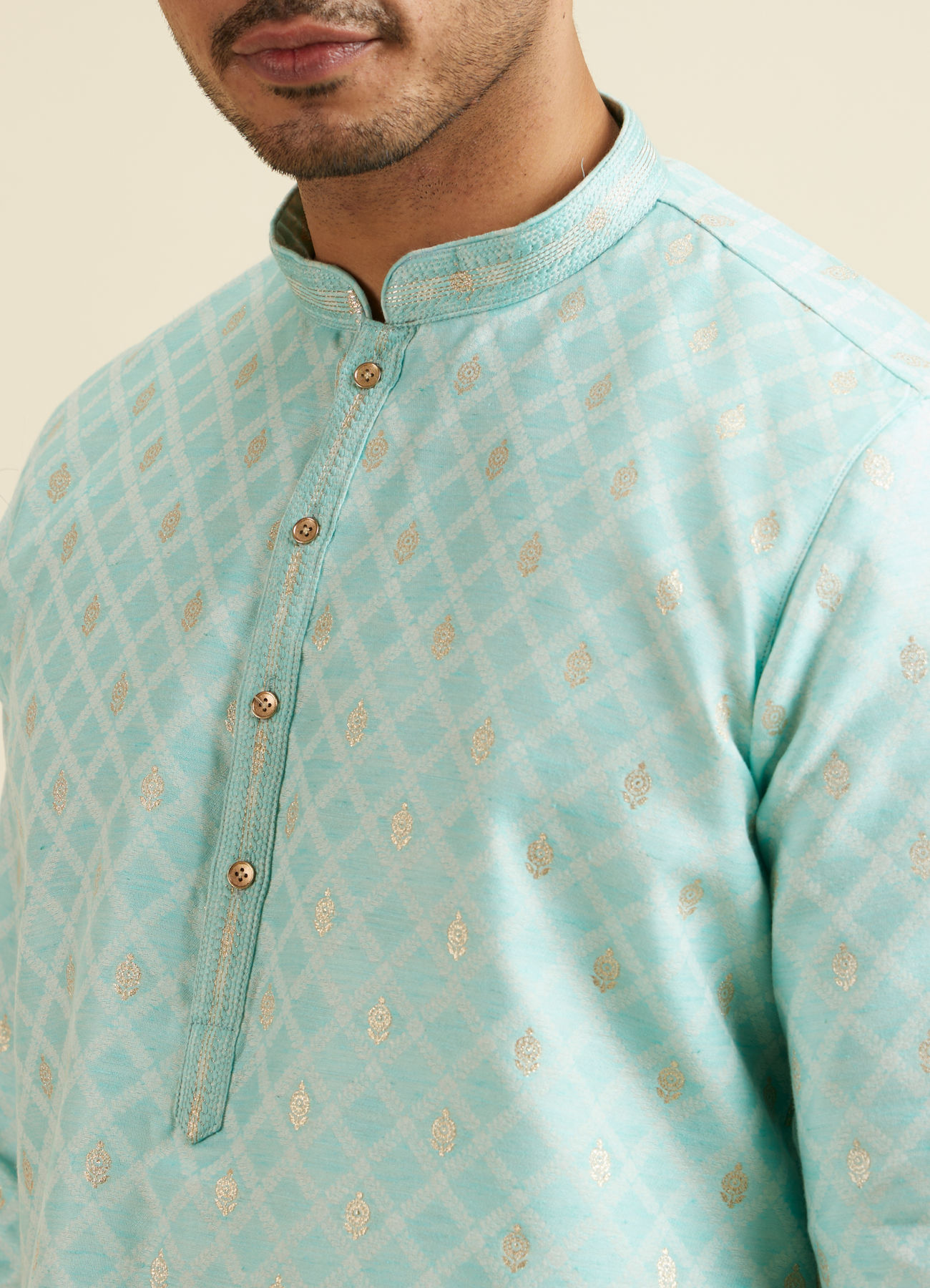 Manyavar Men Green Cotton Foil Print Embroidered Kurta Set