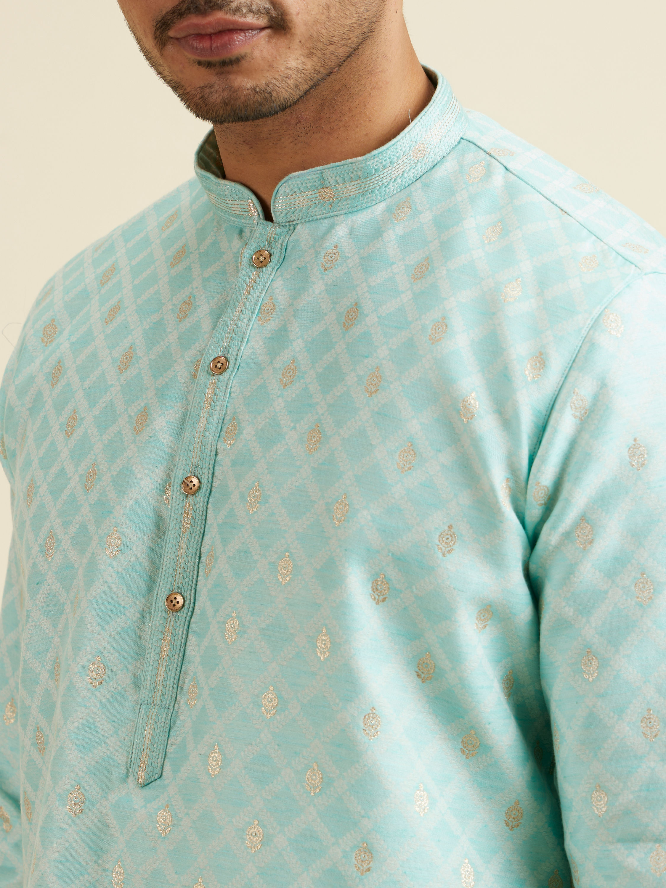Manyavar Men Green Cotton Foil Print Embroidered Kurta Set