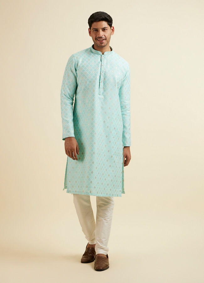 Manyavar Men Green Cotton Foil Print Embroidered Kurta Set