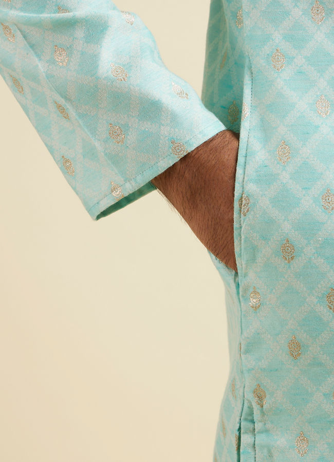 Manyavar Men Green Cotton Foil Print Embroidered Kurta Set