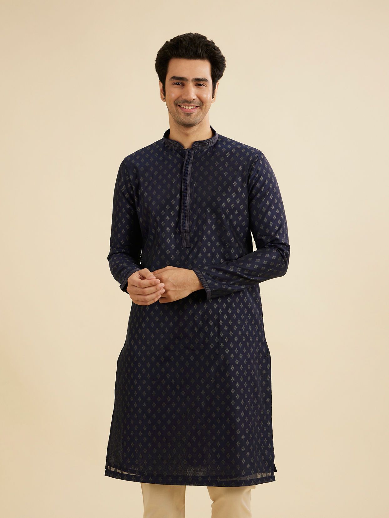 Manyavar Men Indigo Blue Kurta Set with Buta Motifs