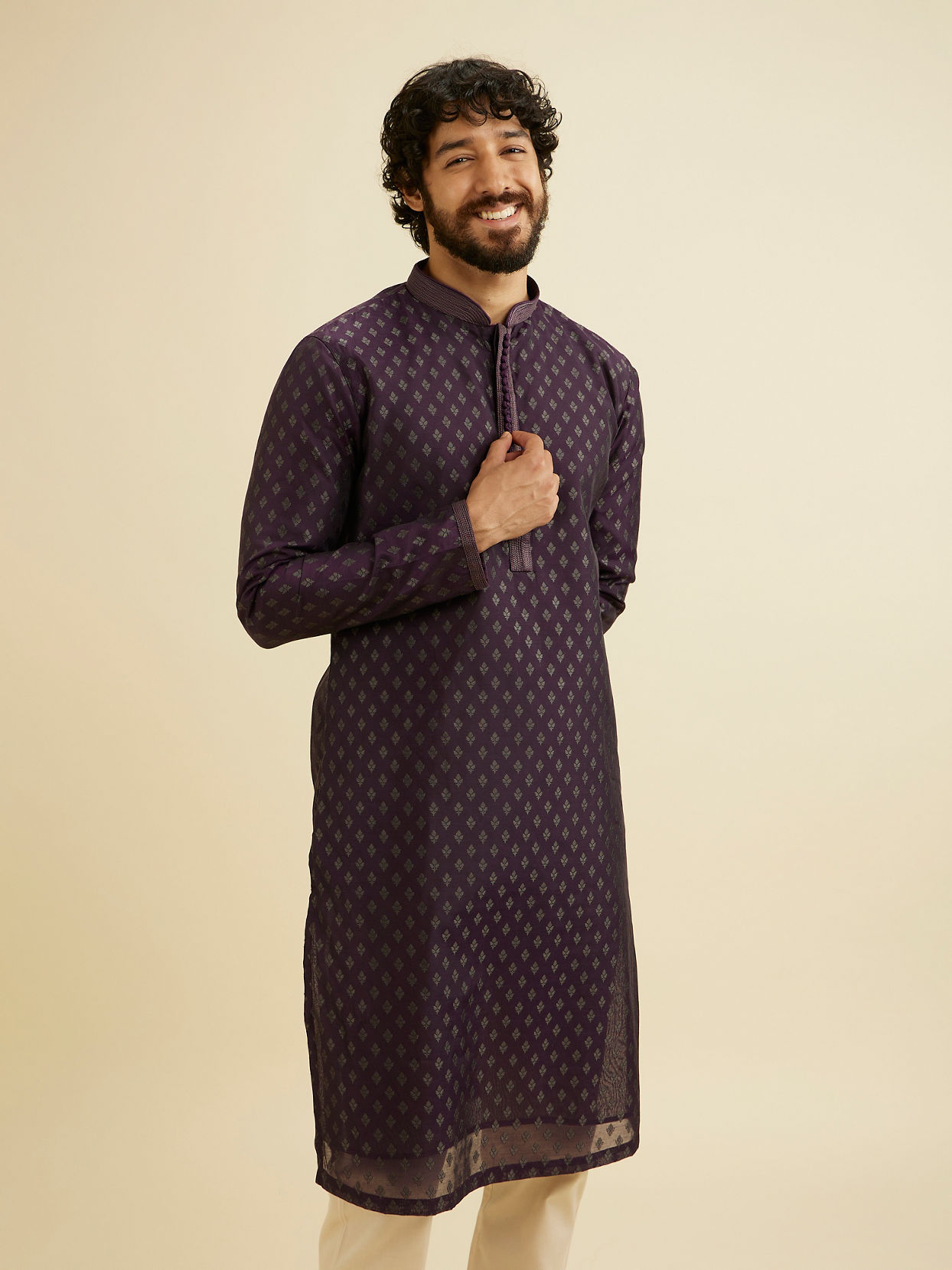 Manyavar Men Royal Purple Kurta Set with Buta Motifs
