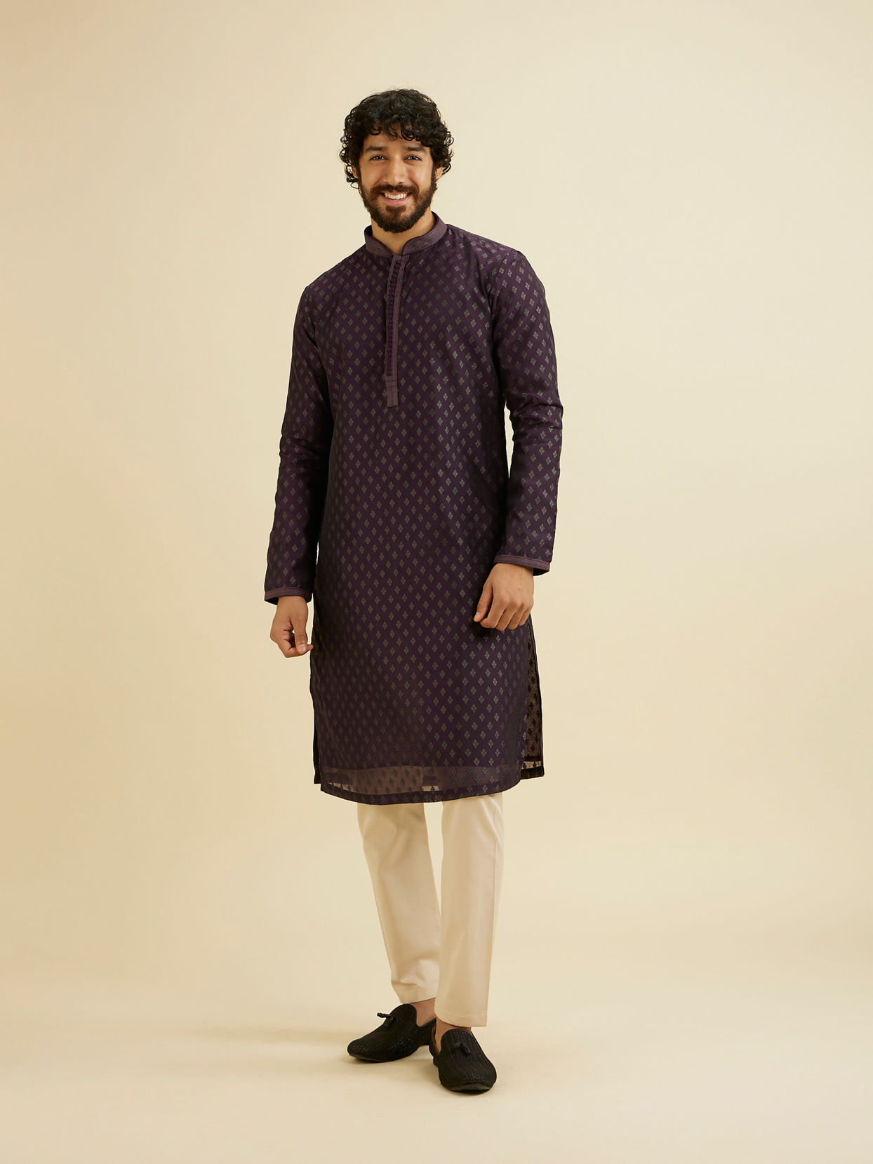 Manyavar Men Royal Purple Kurta Set with Buta Motifs