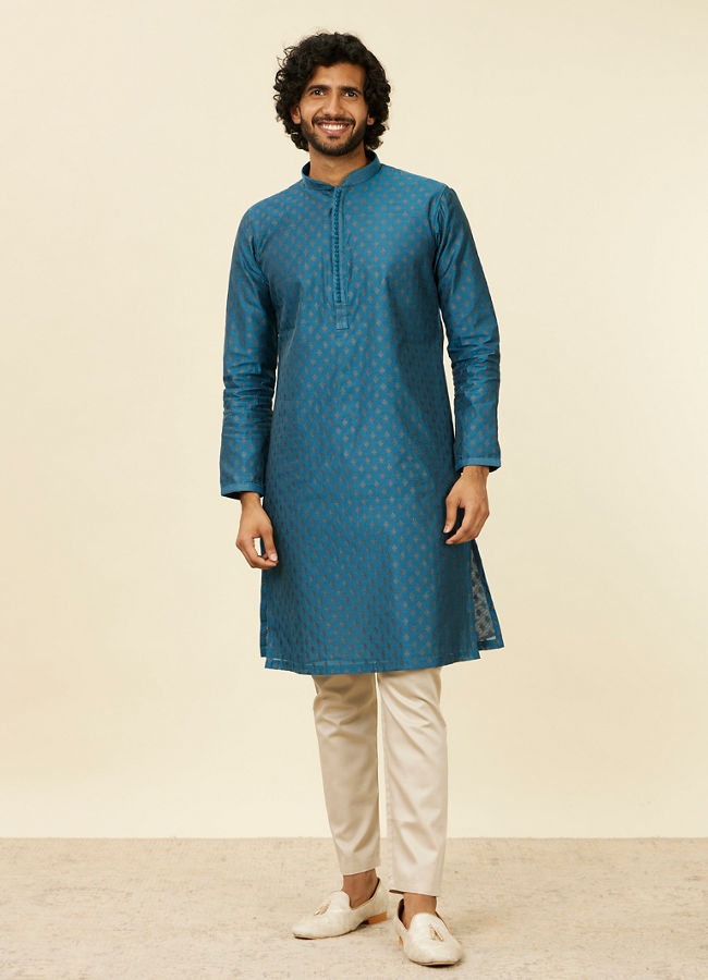 Manyavar Men Teal Blue Kurta Set with Buta Motifs