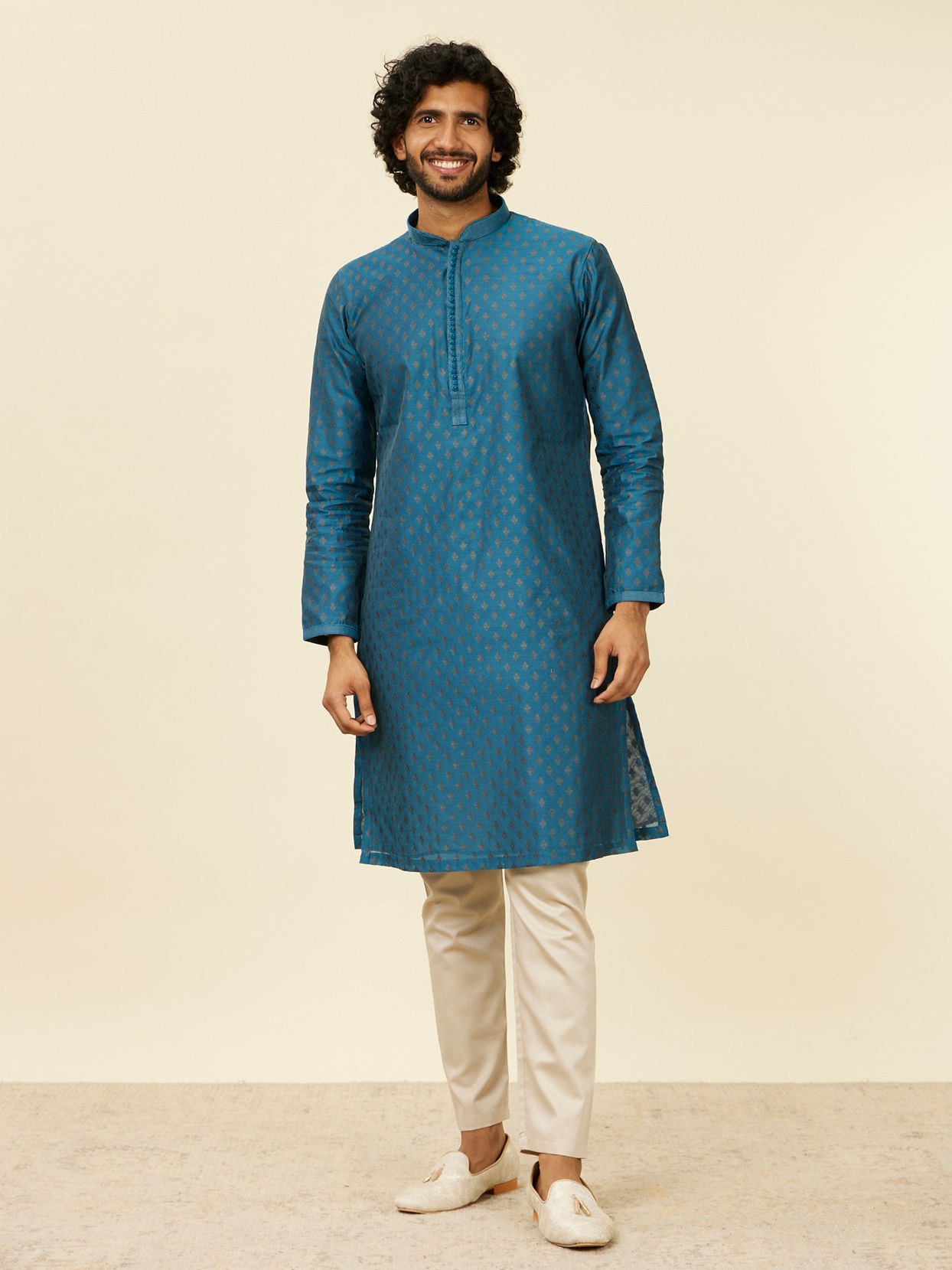 Manyavar Men Teal Blue Kurta Set with Buta Motifs