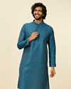 Manyavar Men Teal Blue Kurta Set with Buta Motifs