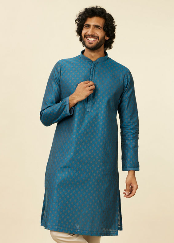 Manyavar Men Teal Blue Kurta Set with Buta Motifs