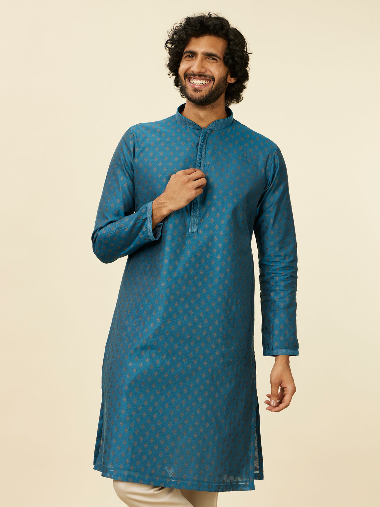 Manyavar Men Teal Blue Kurta Set with Buta Motifs