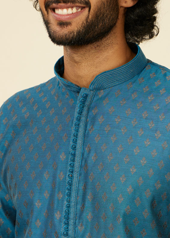 Manyavar Men Teal Blue Kurta Set with Buta Motifs