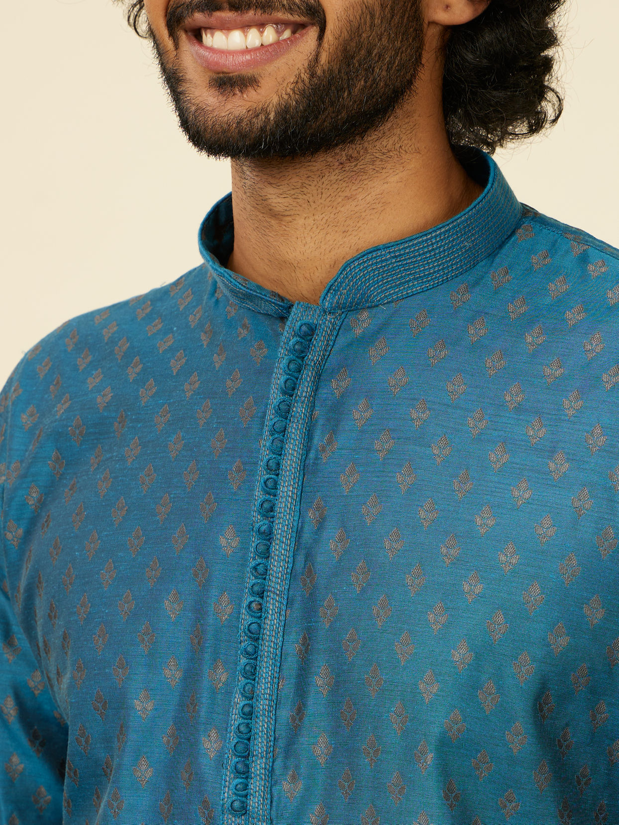 Manyavar Men Teal Blue Kurta Set with Buta Motifs