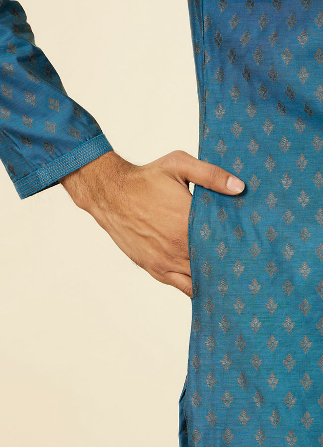 Manyavar Men Teal Blue Kurta Set with Buta Motifs